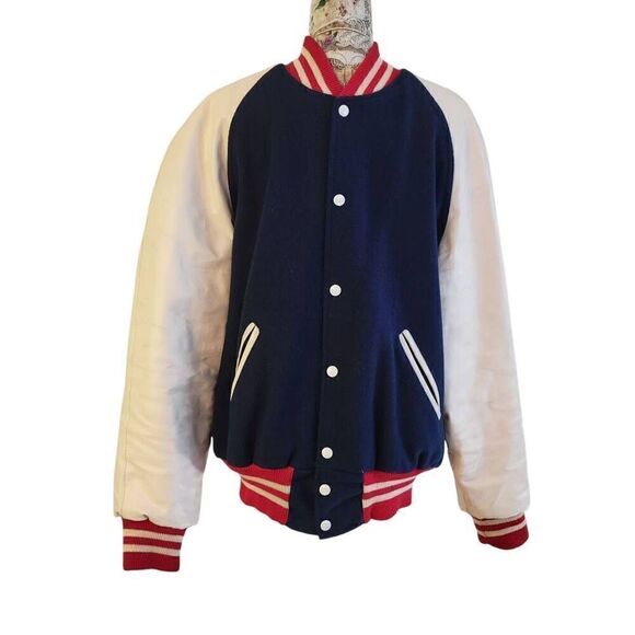 Vintage Other - Vintage USA Red White & Blue Wool & Leather Varsity Stadium Warm Jacket Coat